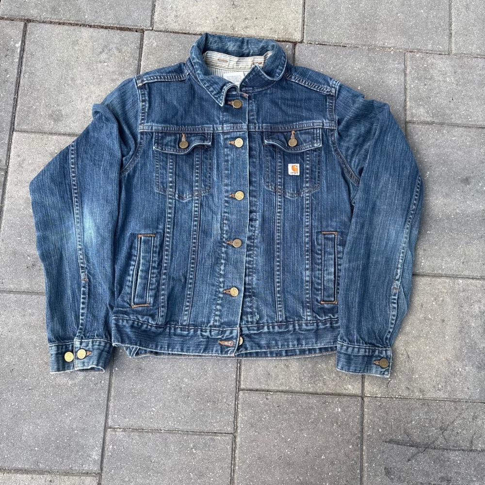 Vintage Carhartt Denim Trucker Jacket Womens Large Blue VNT Dark Wash